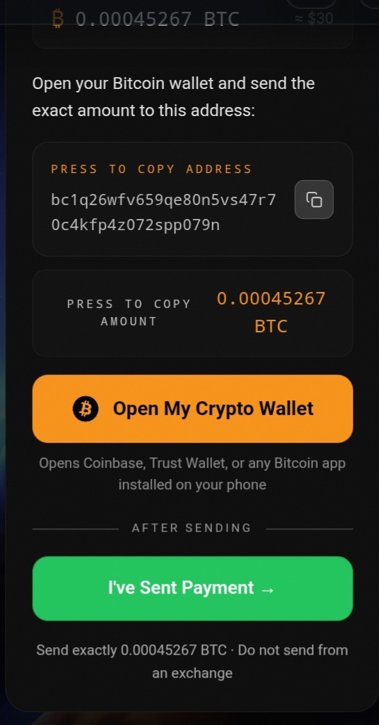 SovSats Bitcoin checkout on a phone